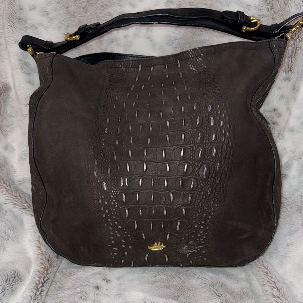 Brown Leather Hobo Bag With Crocodile Embossed Pattern
